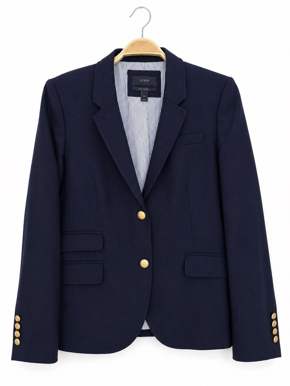 J.Crew Schoolboy Blazer Navy Wool Blend Gold Crest Buttons Size 12